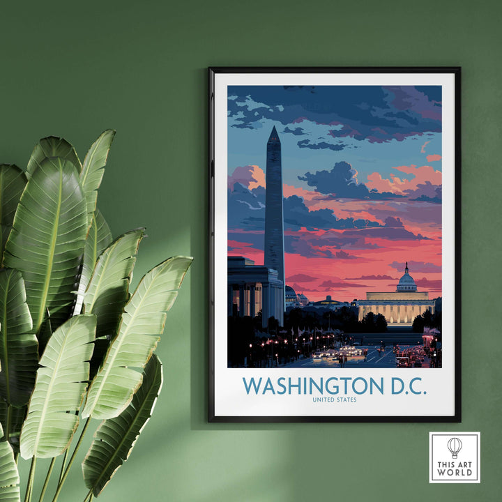 Vibrant Washington D.C. wall art featuring sunset skyline with iconic monuments framed on green wall.