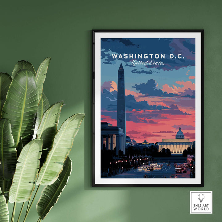Washington D.C. skyline poster featuring the Washington Monument at sunset, vibrant colors on display.