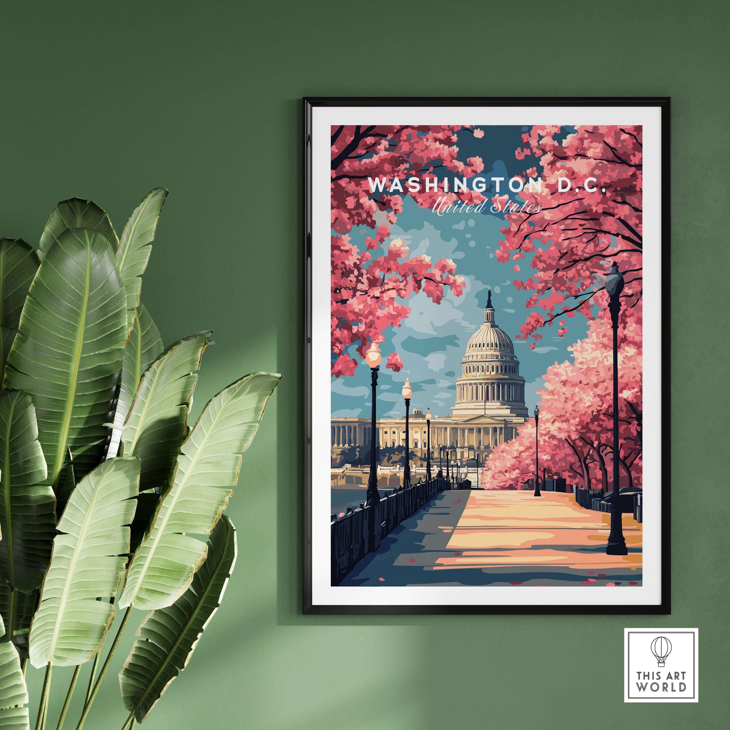 Washington D.C. Cherry Blossom Capitol Print - Springtime US Landmark Poster framed on a wall with decorative plants.