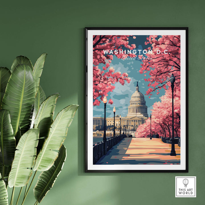 Washington D.C. Cherry Blossom Capitol print poster capturing spring's beauty with blooming trees and iconic Capitol building.