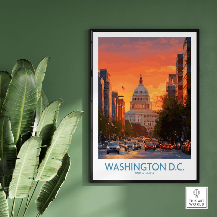 Vibrant Washington D.C. cityscape poster featuring the US Capitol at dusk, enhancing any room's decor.