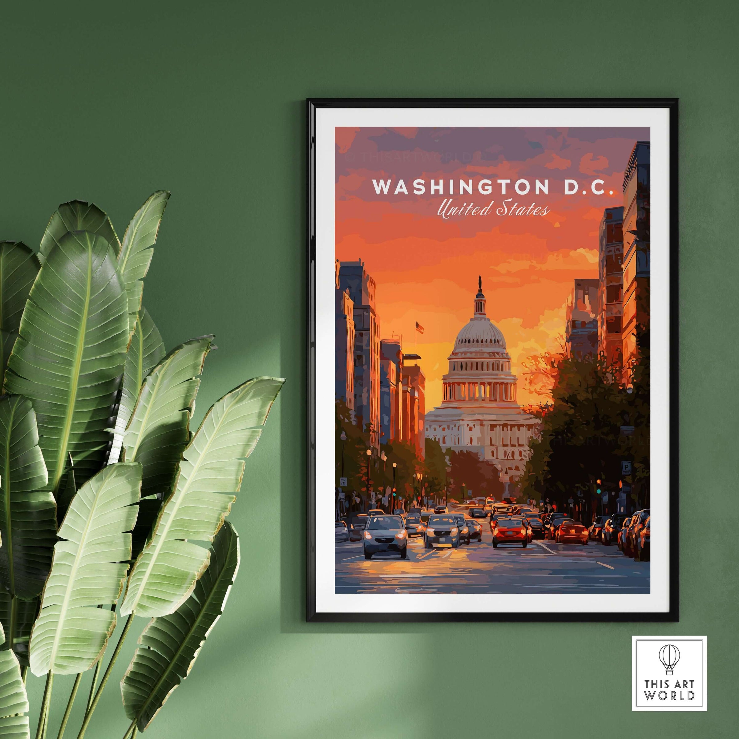 Washington D.C. Capitol Building Sunset Print - American Landmark Wall Art framed print on a green wall with palm leaves.