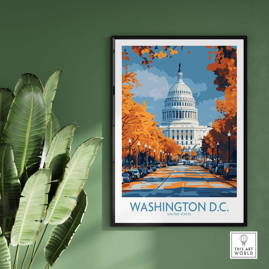 Washington D.C. US Capitol Building poster with autumn trees, showcasing classic American architecture and cityscape decor.