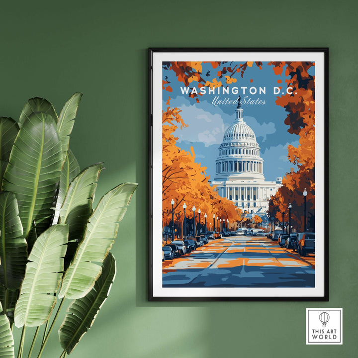 Washington D.C. Autumn Capitol View Print featuring vibrant fall foliage around the iconic Capitol building.
