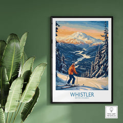 Whistler Ski Print showcasing snowy slopes and vibrant landscapes of British Columbia, perfect for ski enthusiasts and nature lovers.