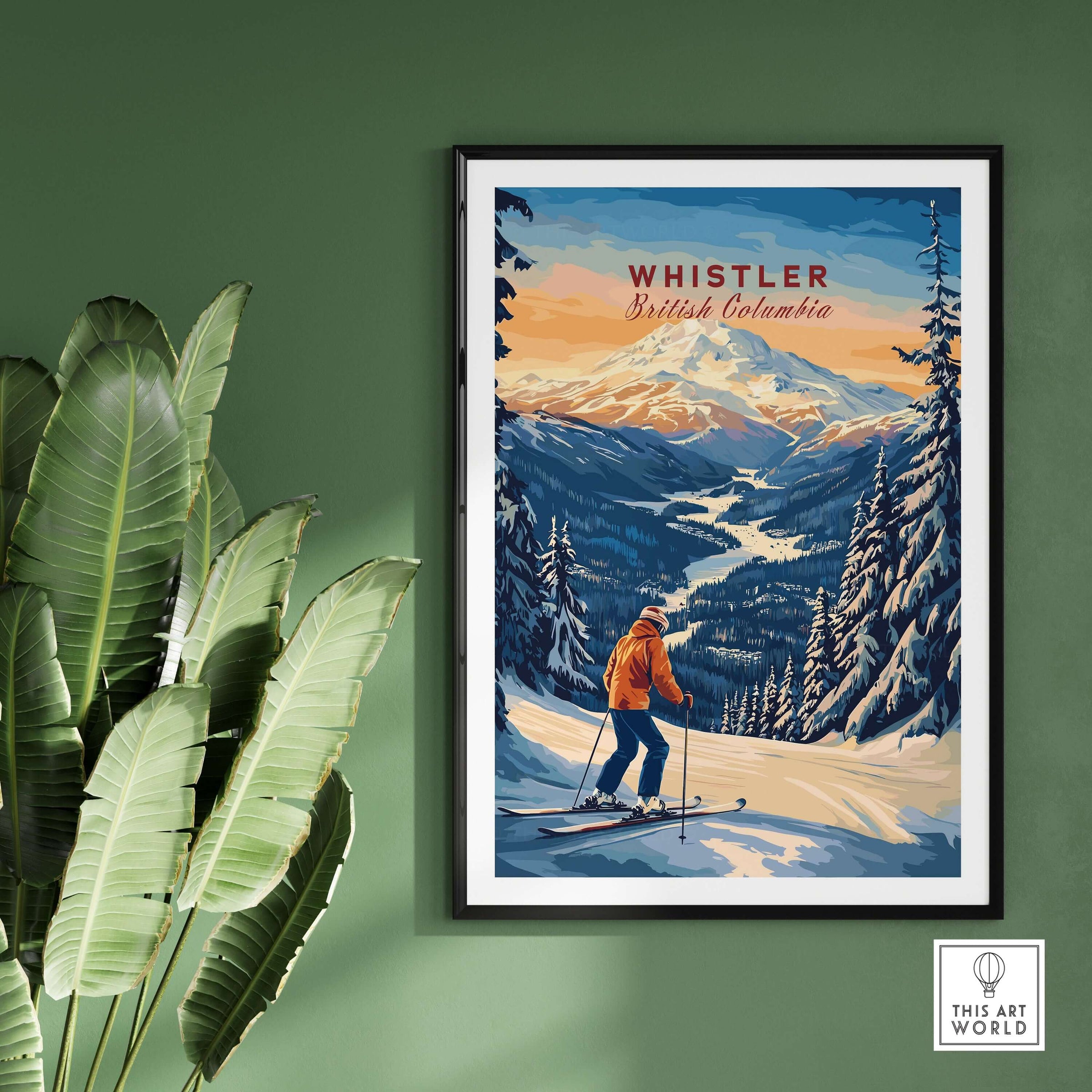 Whistler Travel Poster featuring skier on slopes in British Columbia, capturing stunning mountain landscapes and adventure spirit.