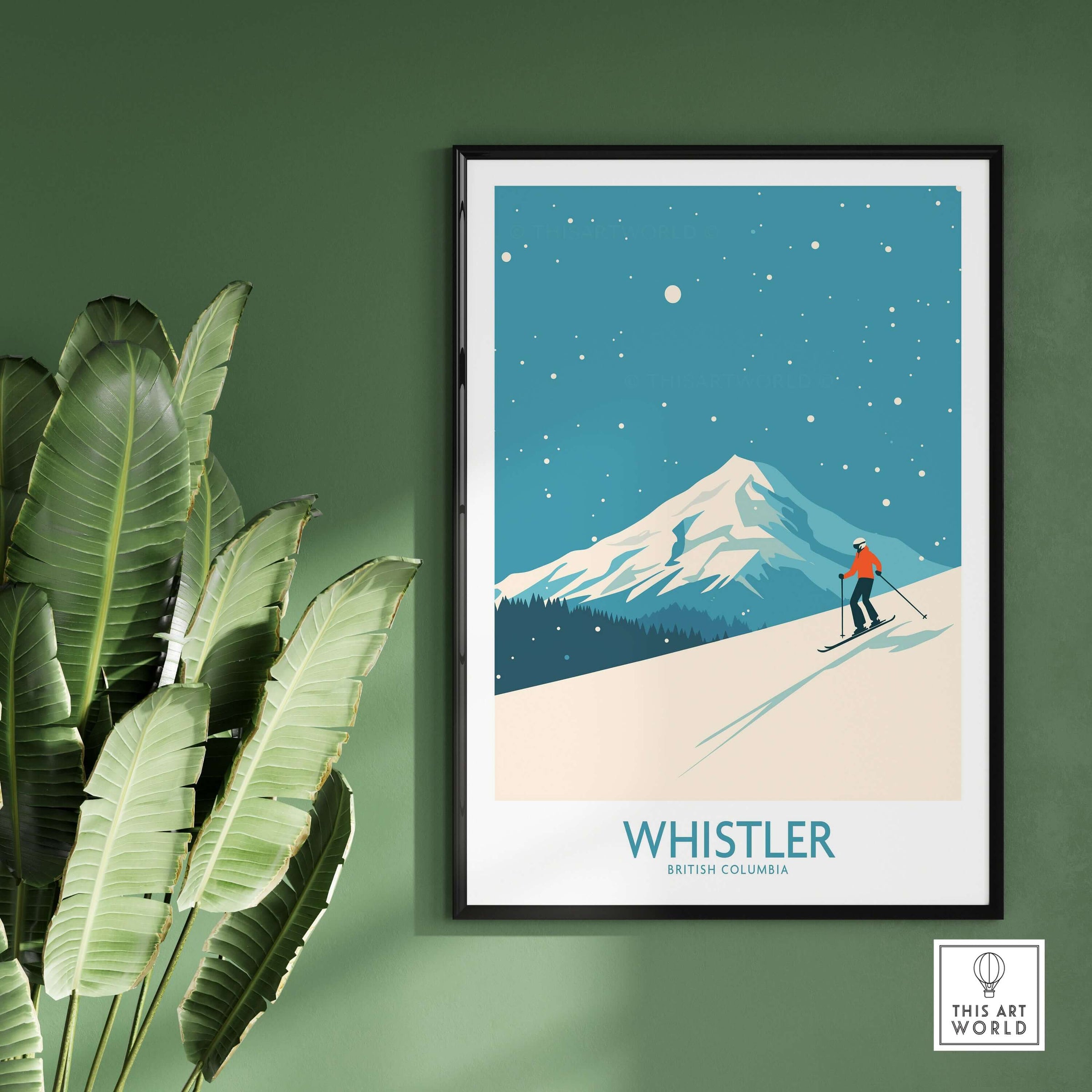 Whistler Wall Art Print featuring a skier on snowy slopes in British Columbia with a vibrant blue background.