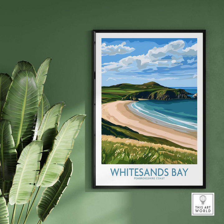 Framed print of Whitesands Bay, Pembrokeshire Coast, showcasing vibrant beach and coastal scenery.