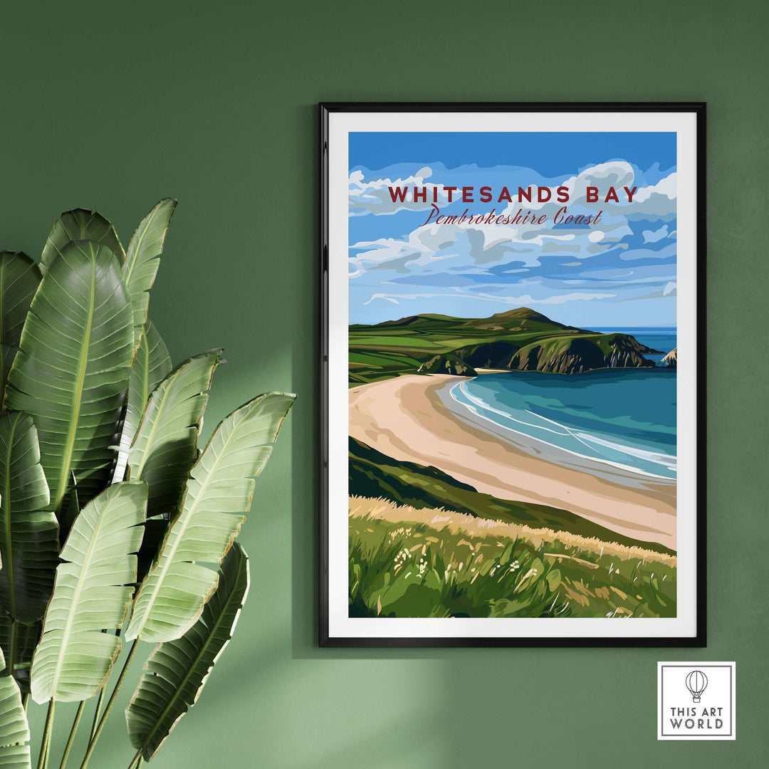 Whitesands Bay Coastal View Poster showcasing Pembrokeshire Coast National Park wall art with a lush coastal landscape.
