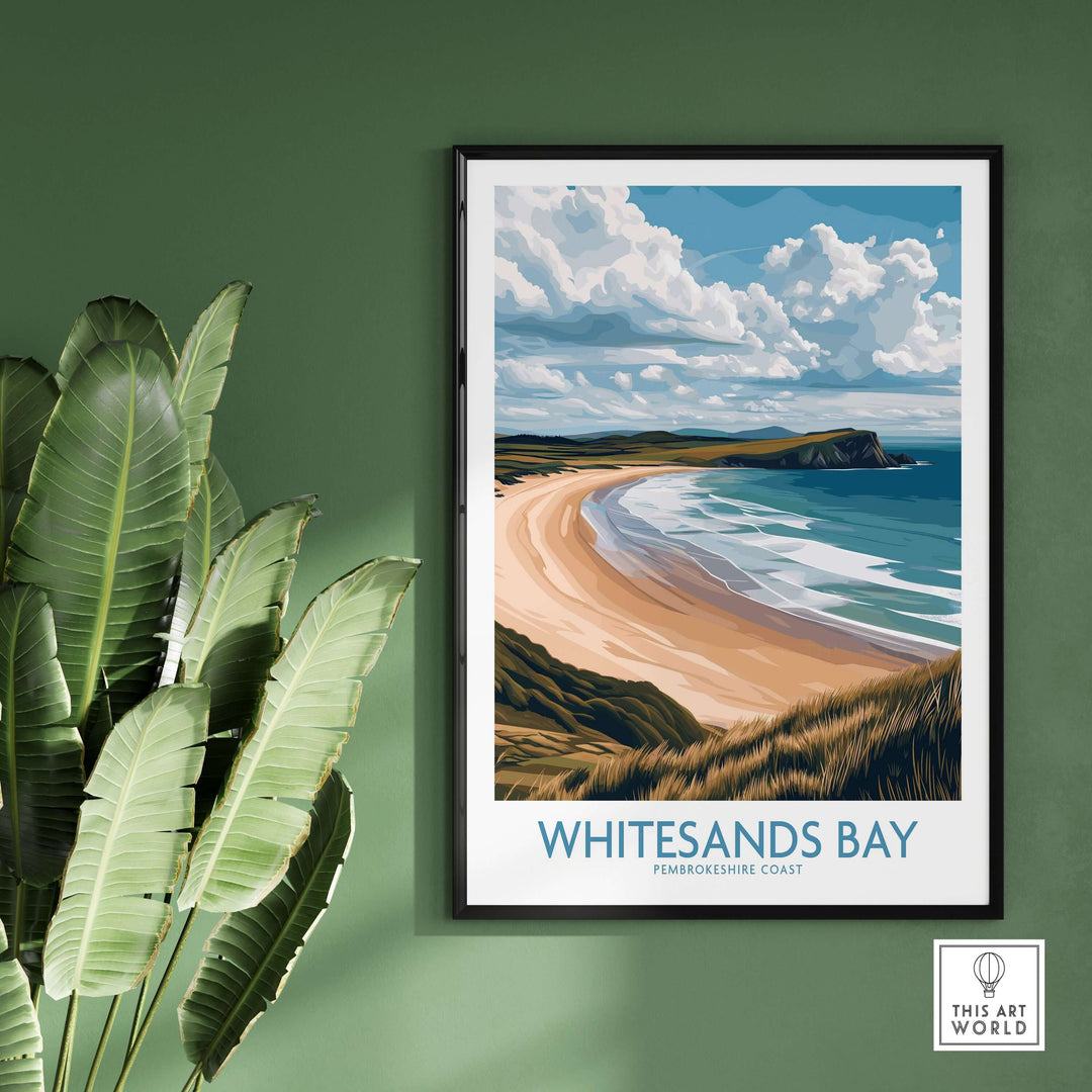 Whitesands Bay poster showcasing grassy dunes and coastline, perfect for Pembrokeshire travel decor.