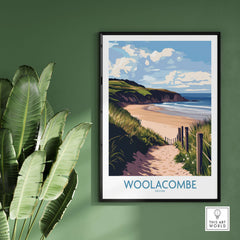Woolacombe Devon Dunes to Ocean Poster - English Seaside Decor featuring a coastal scene with sandy paths and waves.
