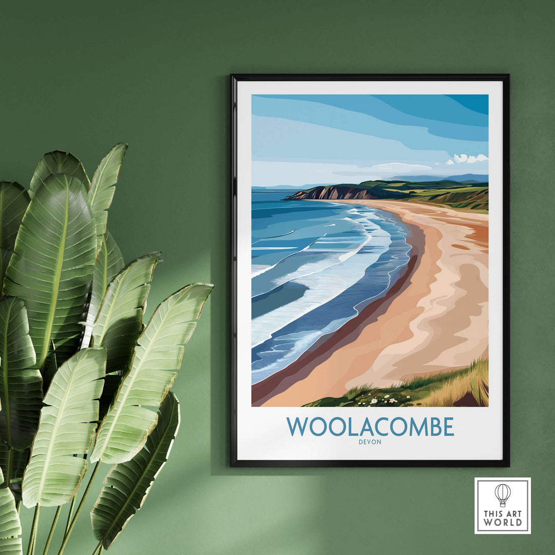 Woolacombe Devon coastal cliffs wall art on green wall, capturing serene beach landscape for UK travel decor.