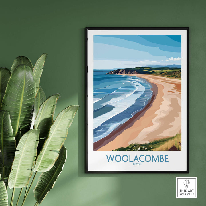 Woolacombe Devon coastal cliffs wall art on green wall, capturing serene beach landscape for UK travel decor.