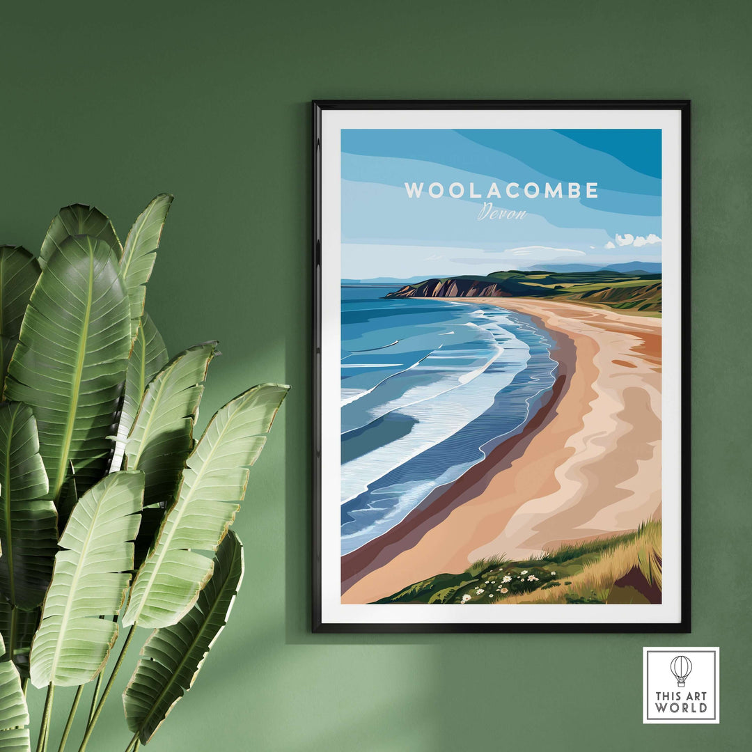 Woolacombe Devon Long Beach poster showcasing a scenic coastal view with waves and sandy shores on a green wall.