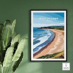 Woolacombe Devon Long Beach Sunset Poster - Rolling Waves Print on green wall, capturing stunning coastal views.