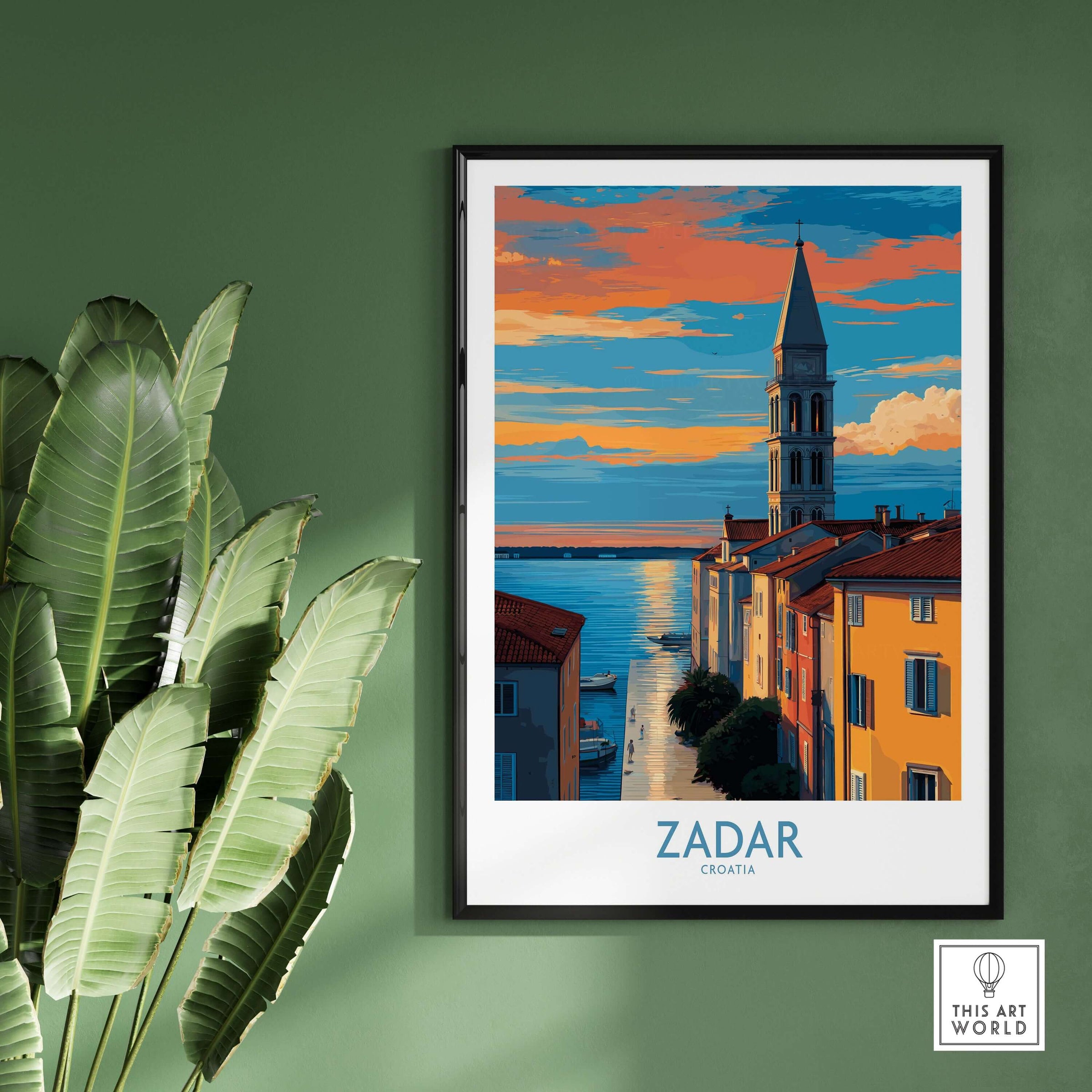 Zadar Croatia Sunset Bell Tower Art Print | Old Town Seascape Poster displayed on a wall with green background and plants.