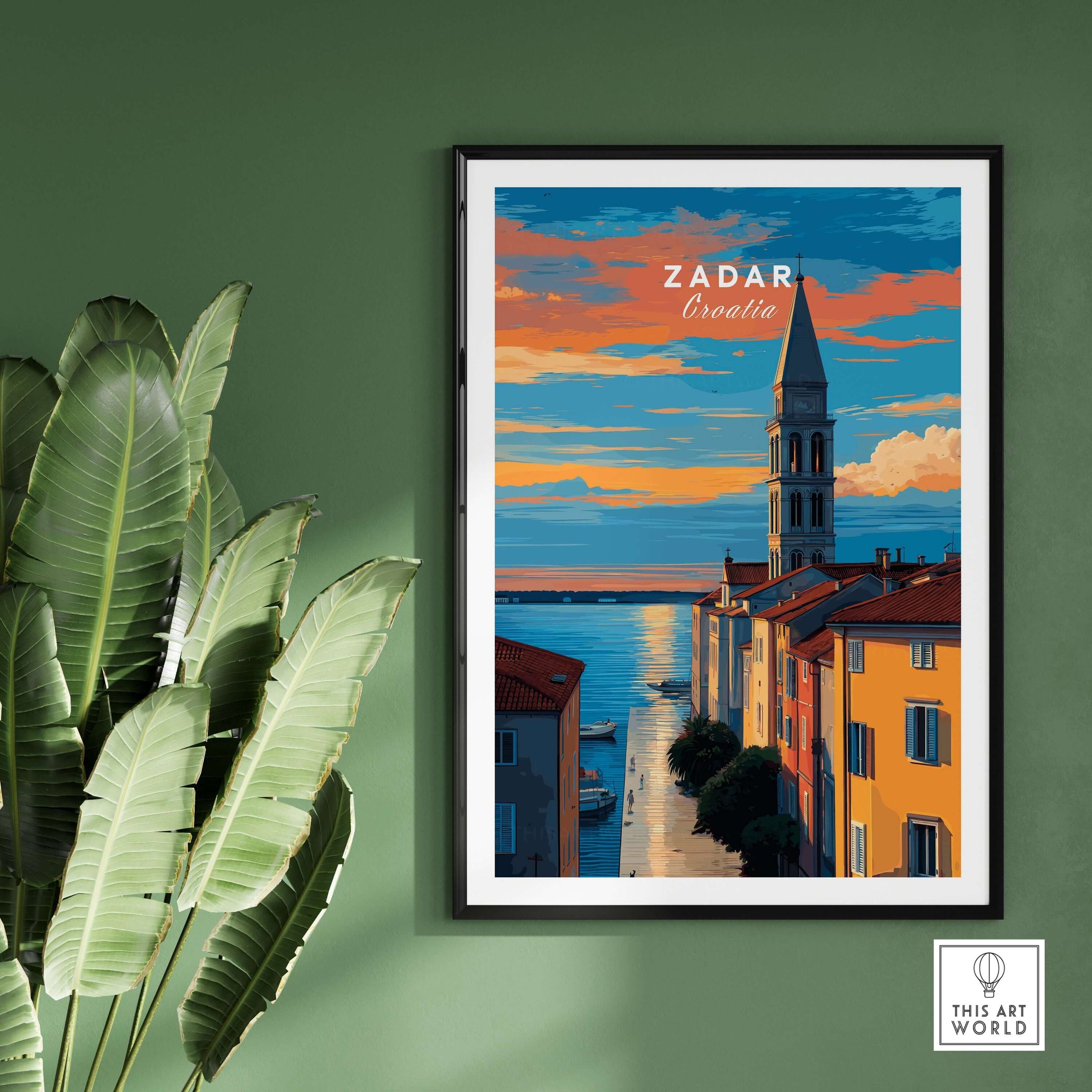Zadar Poster - Dalmatian Coast Twilight View Print | Croatian Home Decor on a green wall with plants