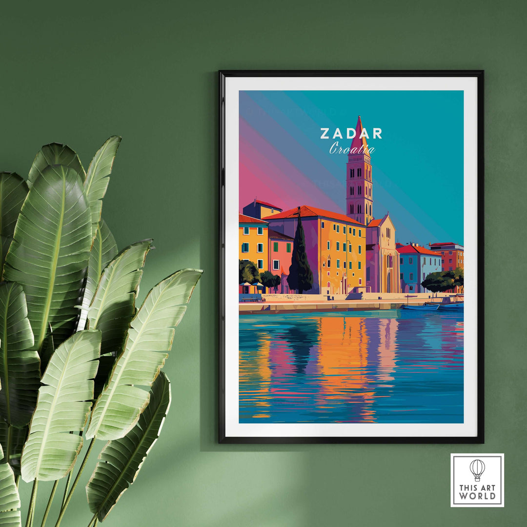 Zadar Print | Vibrant Croatian City Wall Decor featuring a colorful illustration of Zadar's waterfront.