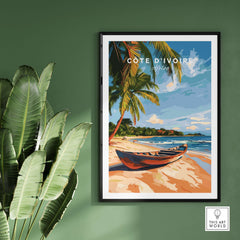Côte d'Ivoire Beach Wall Art featuring a serene beach scene with palm trees and a boat, perfect for home decor.