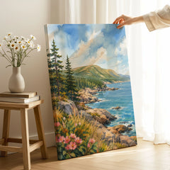 Acadia National Park rocky coastline and pines watercolour art print canvas print with mirror edge in a room