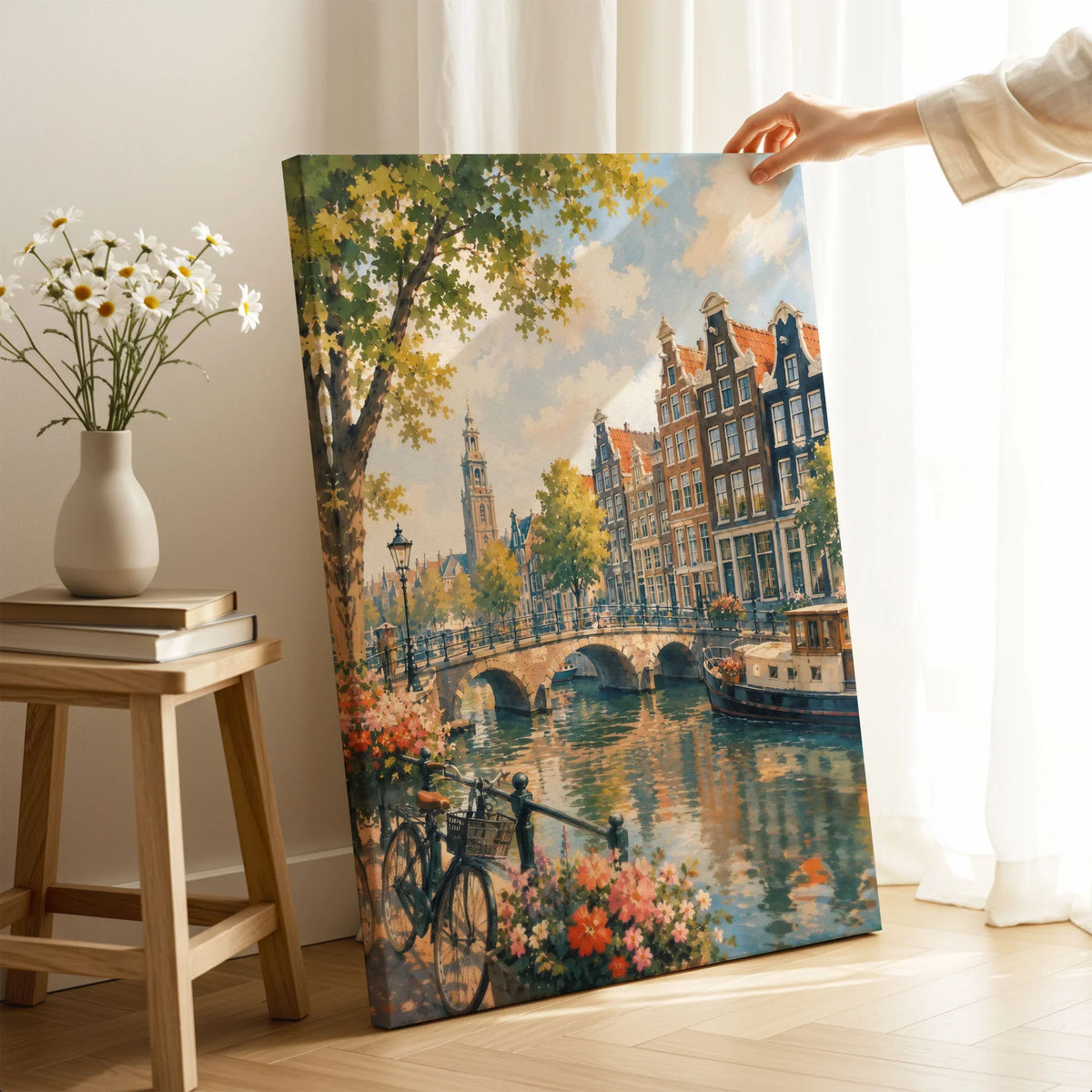 Amsterdam canal houses and bridge watercolour art print canvas print with mirror edge in a room