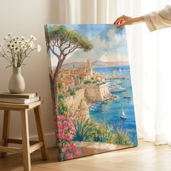 Antibes old town ramparts and harbour watercolour art print canvas print with mirror edge in a room