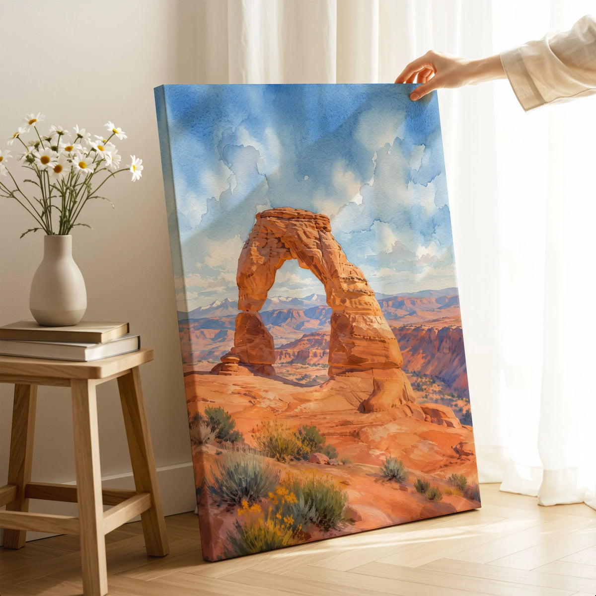 Arches National Park Delicate Arch watercolour art print canvas print with mirror edge in a room