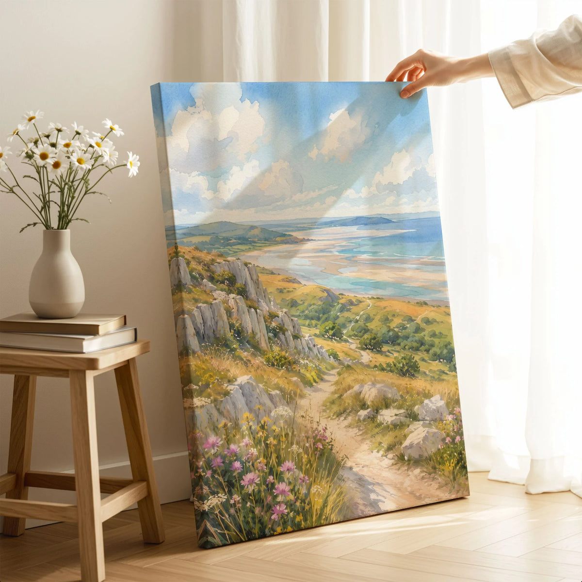 Arnside and Silverdale Morecambe Bay watercolour art print canvas print with mirror edge in a room