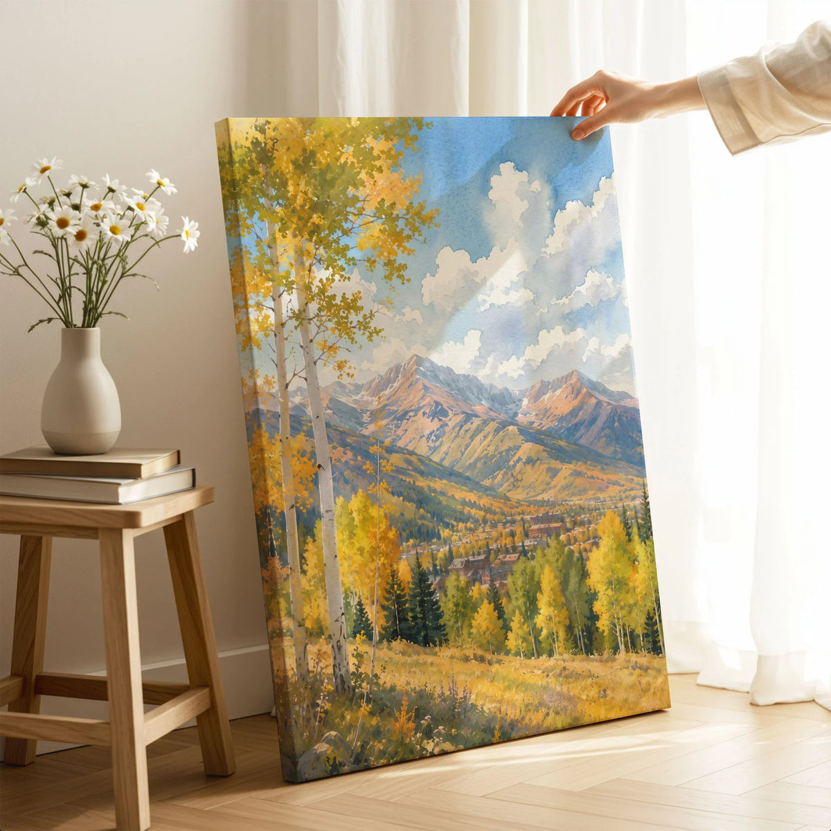 Aspen golden aspen trees and mountains watercolour art print canvas print with mirror edge in a room
