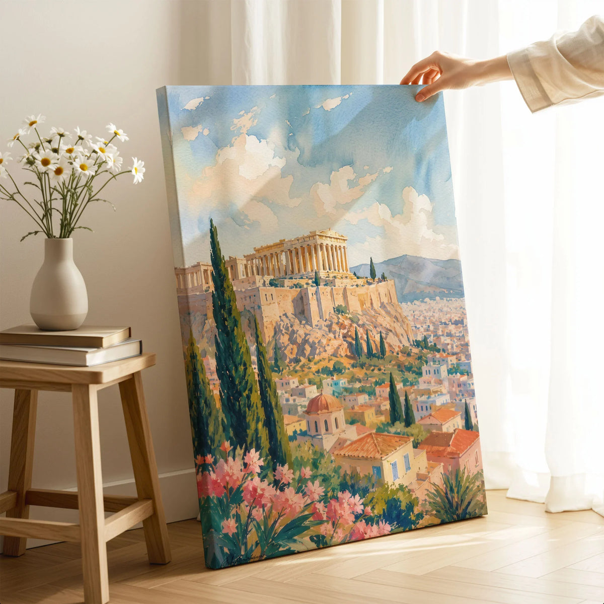 Athens Acropolis and Parthenon watercolour art print canvas print with mirror edge in a room