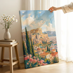 Athens Acropolis and Parthenon watercolour art print canvas print with mirror edge in a room