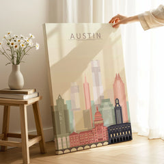 Austin city skyline art print, canvas print with mirror edge in a room