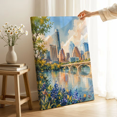 Austin skyline and Lady Bird Lake watercolour art print canvas print with mirror edge in a room