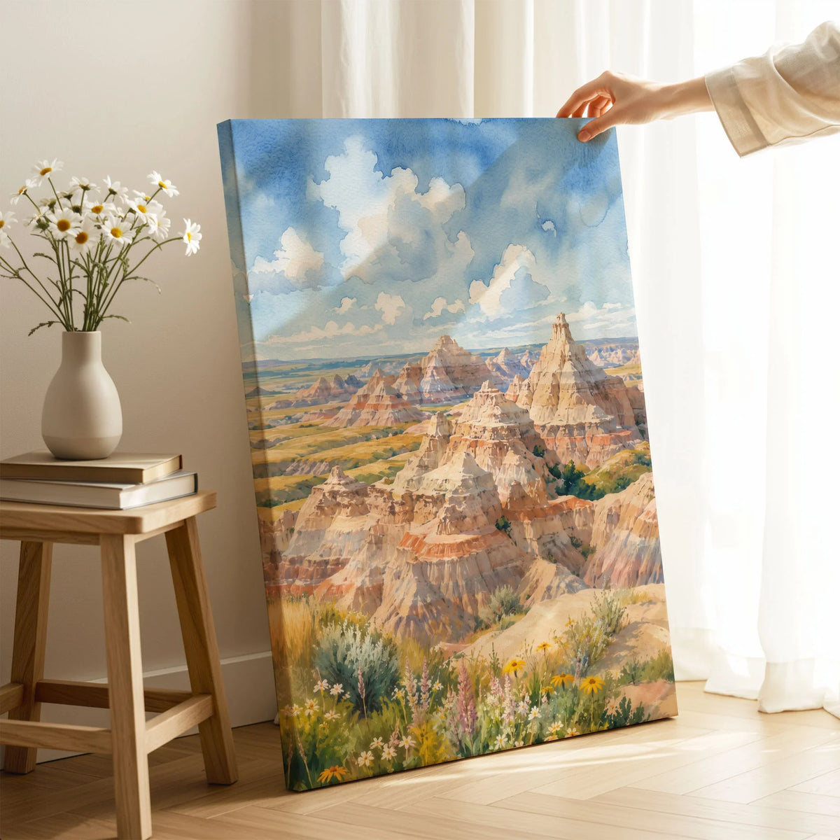 Badlands National Park striped eroded buttes watercolour art print canvas print with mirror edge in a room