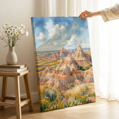 Badlands National Park striped eroded buttes watercolour art print canvas print with mirror edge in a room