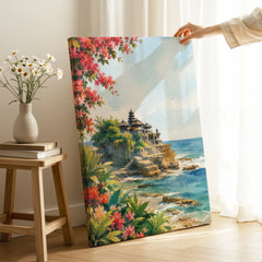 Bali Tanah Lot sea temple watercolour art print canvas print with mirror edge in a room