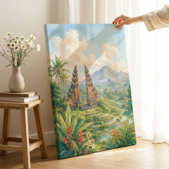Bali temple gate and rice terraces watercolour art print canvas print with mirror edge in a room