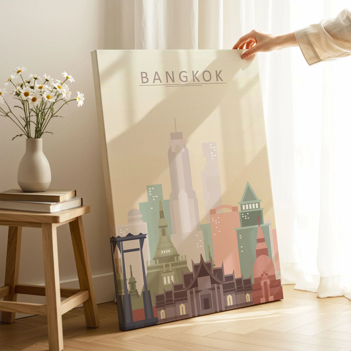 Bangkok city skyline art print, canvas print with mirror edge in a room