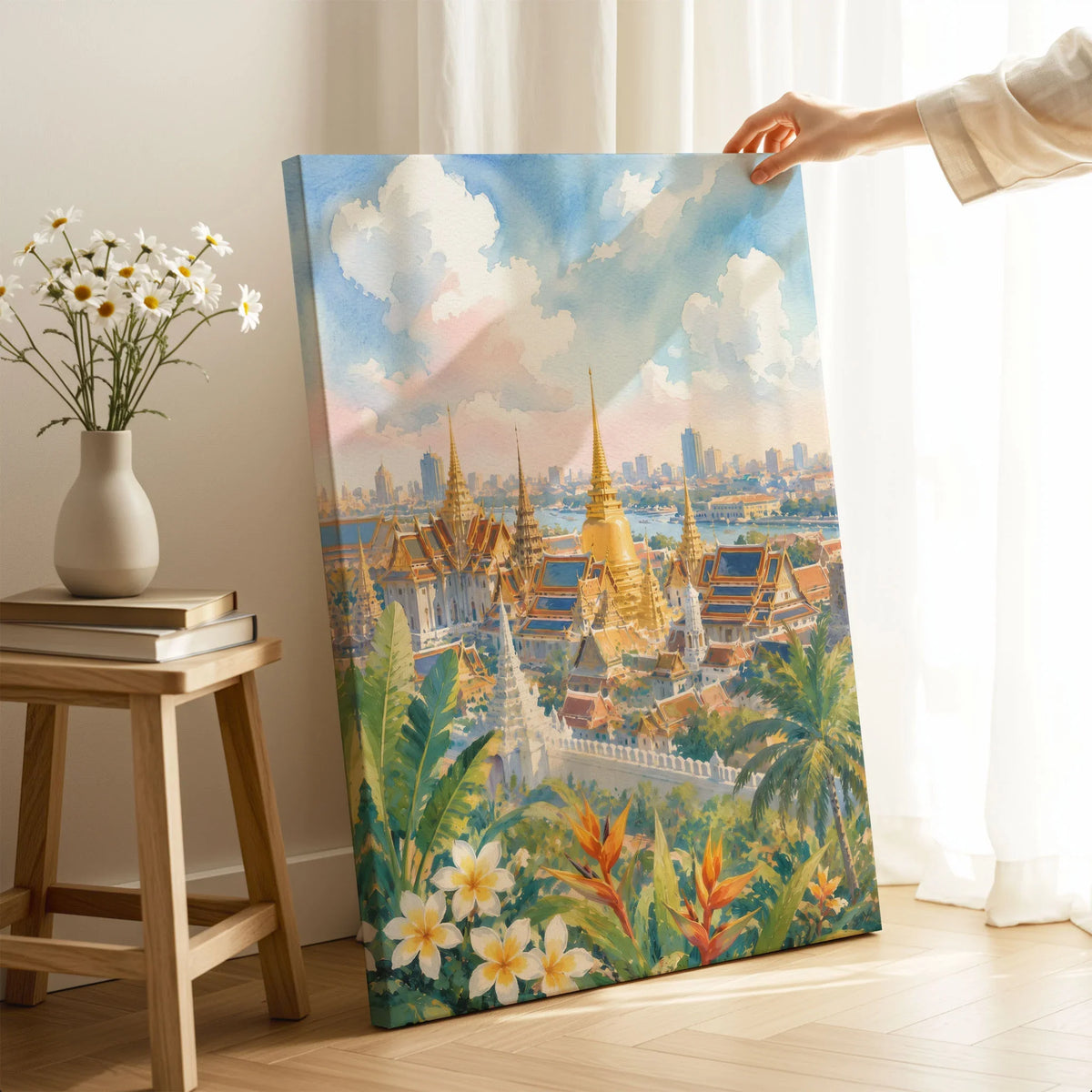 Bangkok Grand Palace golden temples watercolour art print canvas print with mirror edge in a room
