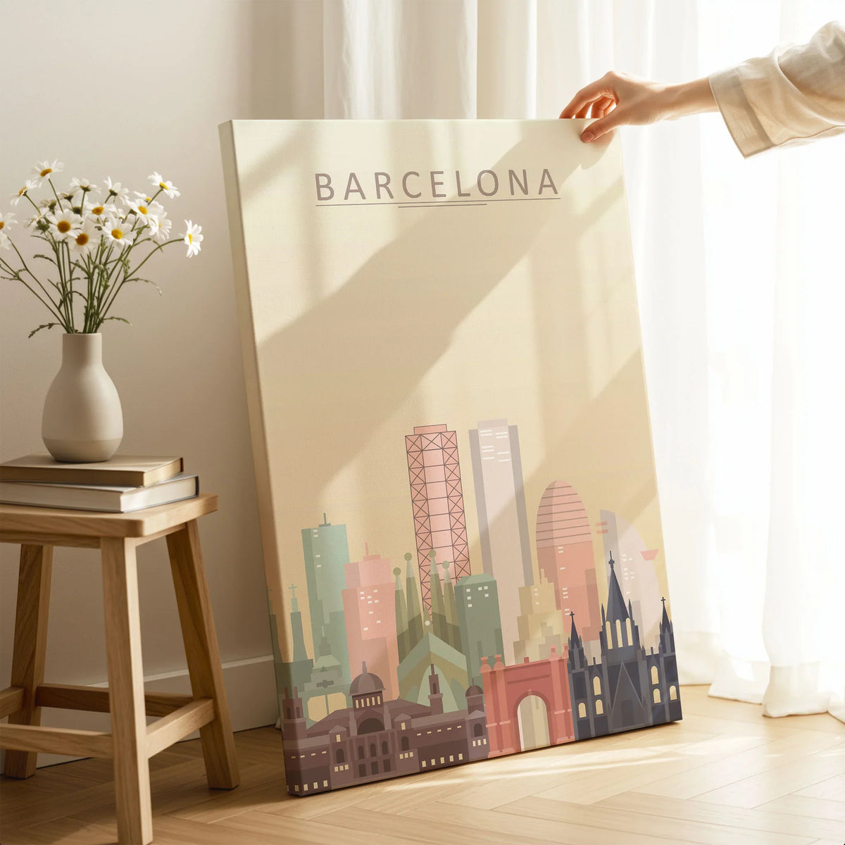 Barcelona city skyline art print, canvas print with mirror edge in a room