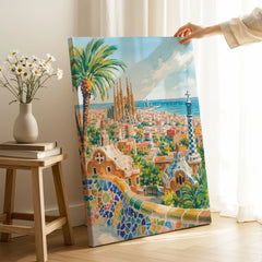 Barcelona Park Güell and Sagrada Família watercolour art print canvas print with mirror edge in a room