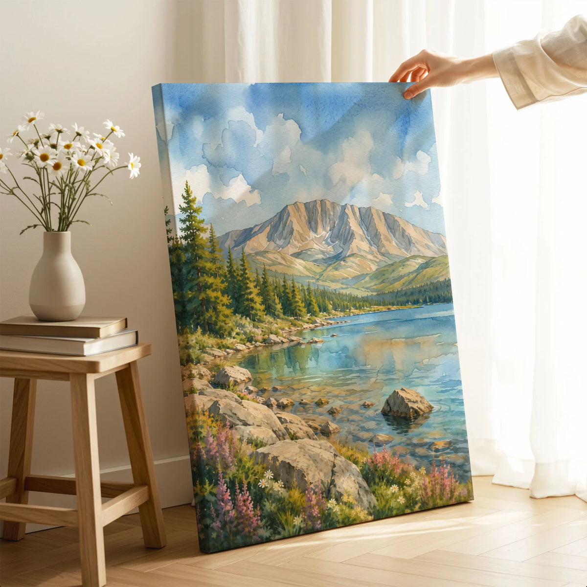 Baxter State Park Mount Katahdin and lake watercolour art print canvas print with mirror edge in a room