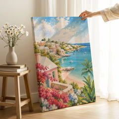 Bermuda pastel cottages and turquoise bay watercolour art print canvas print with mirror edge in a room