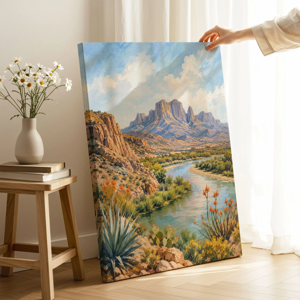 Big Bend National Park Rio Grande and Chisos Mountains watercolour art print canvas print with mirror edge in a room