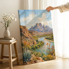 Big Bend National Park Rio Grande and Chisos Mountains watercolour art print canvas print with mirror edge in a room