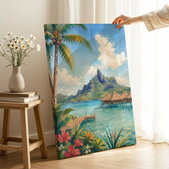 Bora Bora overwater bungalows and Mount Otemanu watercolour art print canvas print with mirror edge in a room