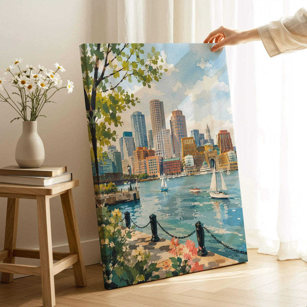 Boston harbour skyline with sailboats watercolour art print canvas print with mirror edge in a room