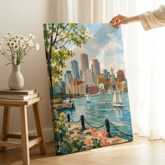 Boston harbour skyline with sailboats watercolour art print canvas print with mirror edge in a room