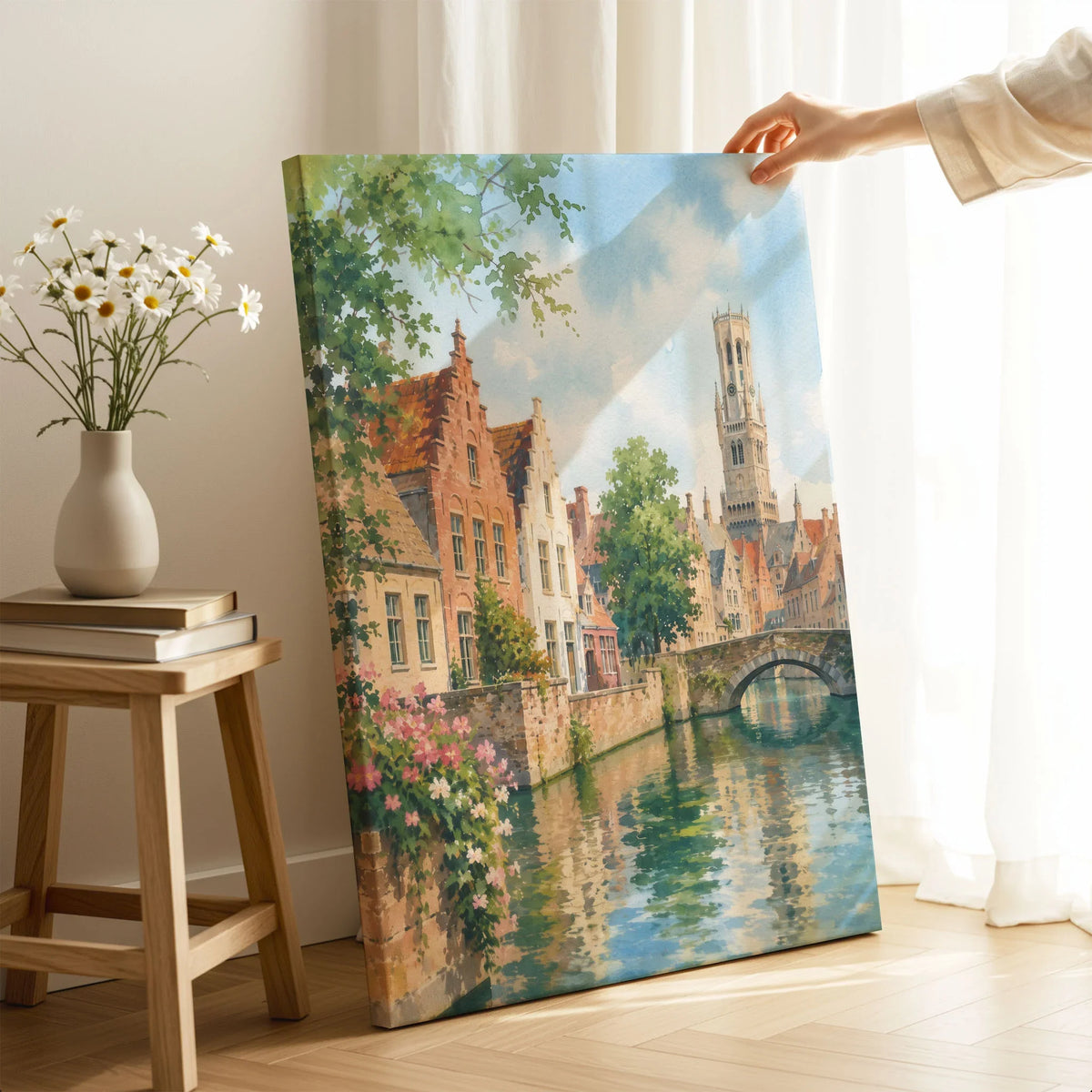 Bruges canal and Belfry tower watercolour art print canvas print with mirror edge in a room