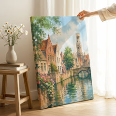 Bruges canal and Belfry tower watercolour art print canvas print with mirror edge in a room